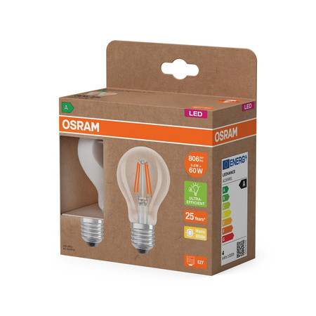 2x LED-Glühbirne A60 E27 3.8W = 60W 806lm 2700K Warm 300° Filament CLASSIC ENERGY EFFICIENCY Osram