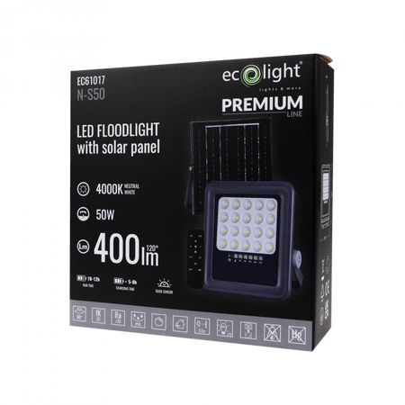 LED-Flutlicht Solar Reflektor 50W 900lm 4000lm Neutral IP65 mit Dämmerungssensor + Ecolight Fernbedienung