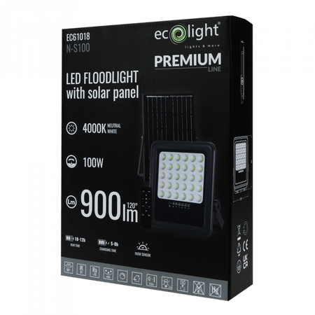 LED-Flutlicht Solar 100W 900lm 4000lm Neutral IP65 mit Dämmerungssensor + Ecolight Fernbedienung