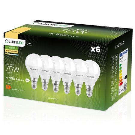 6x LED Lampen E14, Glühbirne P45 Kugeln 10W = 75W 990lm 180° 3000K warm LUMILED