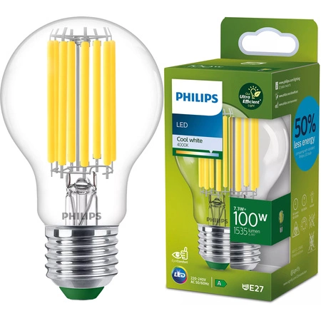 E27 A60 LED Lampe 7,3 W = 100 W, 1535 lm, 4000 K, neutrales Filament, PHILIPS, ultraeffizient