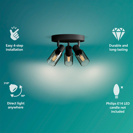 Reflektor-Deckenleuchte 3x E14 Schwarz Palmen Philips