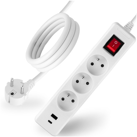 Netzverlängerungskabel geerdete Steckdosenleiste 3 Steckdosen 1,5m EIN/AUS Schalter Weiß USB + USB-C Kabel ELGER Lumiled