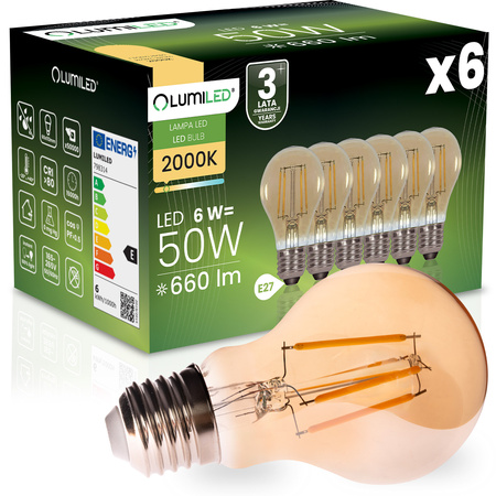 6x LED-Lampe E27 A60 6W 660LM = 50W 2000K warmweiß 360° Filament Amber LUMILED