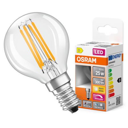 LED-Lampe P45 Ball E14 2.2W = 25W 300lm 2700K Warm CRI90 300° Filament Dimmbar SUPERSTAR PLUS CLASSIC Osram