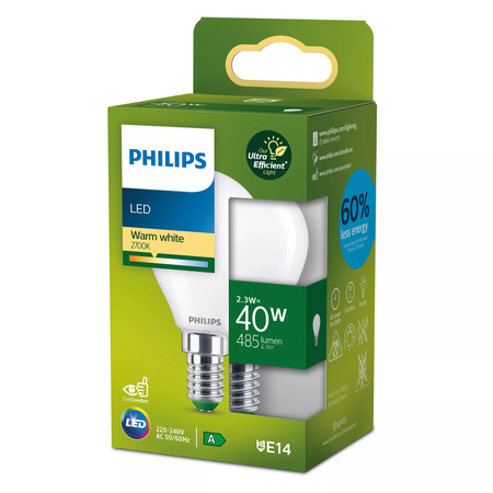 LED-Lampe E14 Ball P45 2.3W = 40W 485lm 210lm/W 2700K Warm 300° CLASS A UltraEfficient Philips