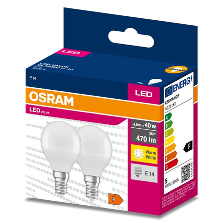 2x LED Lampe E14 P45 4,9W = 40W 470lm 3000K Wärme 200° OSRAM VALUE