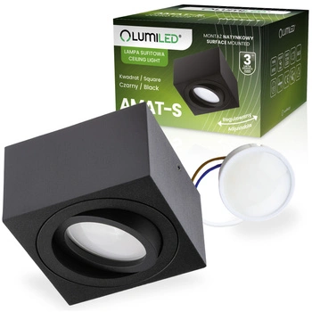 Halogen-Aufbauleuchte, Aufbauspot 50mm Quadrat Tube Schwarz AMAT-S+LED-Einsatz 7W 3000K LUMILED