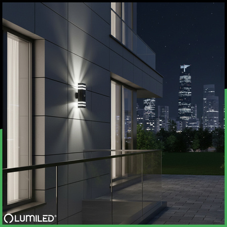 Garten Wandleuchte oben unten 2xGU10 Schwarz Bewegungs- und Dämmerungssensor IP54 PROTEA LUMILED