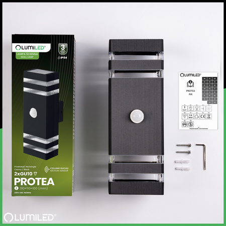 Garten Wandleuchte oben unten 2xGU10 Schwarz Bewegungs- und Dämmerungssensor IP54 PROTEA LUMILED