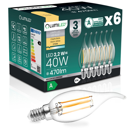 6x LED-Lampe E14 Kerze BA35 2,2W 470lm = 40W 2700K warmweiß 360° Glühfaden Energieklasse A LUMILED
