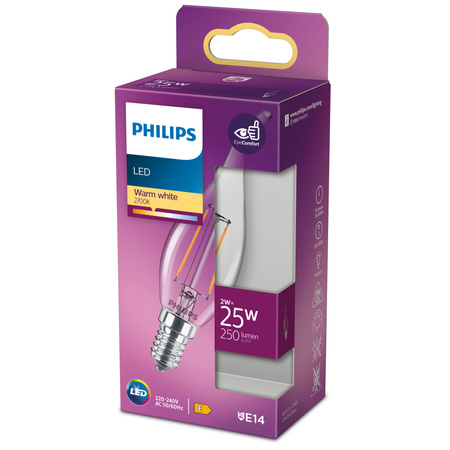 E14 BA35 LED Lampen 2W = 25W 250lm 2700K Warmfilament PHILIPS