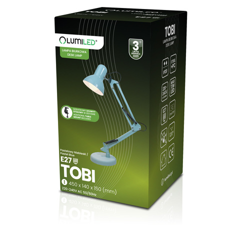Schreibtisch Zeichnung Tischlampe E27 TOBI Pastellblau Lumiled + Countertop Halterung