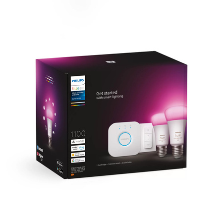 2PAK LED-Glühbirne E27 A60 9W CCT RGB PHILIPS HUE White & COLOR Ambiance Bluetooth Zigbee + Hue Bridge + Dimmerschalter