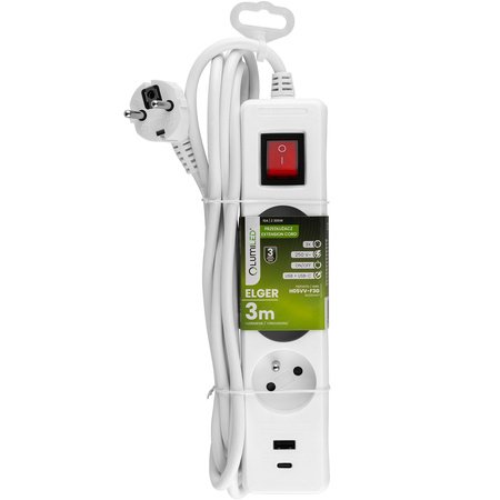 Netzverlängerungskabel Geerdete Steckdosenleiste 3 Steckdosen 3m EIN/AUS Schalter Weiß USB + USB-C Kabel ELGER Lumiled