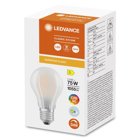 E27 A60 LED Lampen 7,5 W = 75 W 1055 lm 4000 K Neutral 300° CRI90 Filament milchig dimmbar LEDVANCE Superior