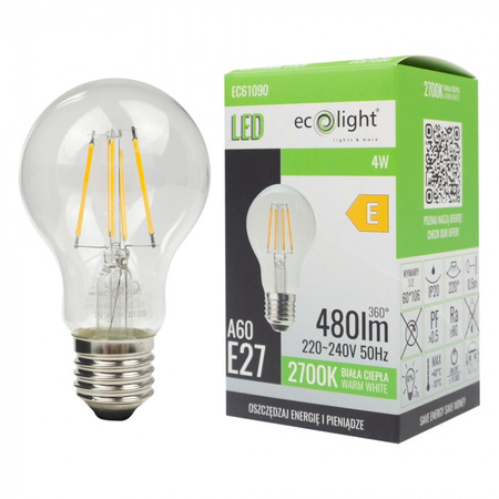 LED-Lampe A60 E27 4W 480lm 2700K Warm FILAMENT Ecolight