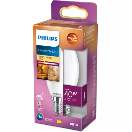 LED-Kerzenlampe E14 B35 3,4W = 40W 470lm 2700 warmes Filament milchig PHILIPS Dimmbar