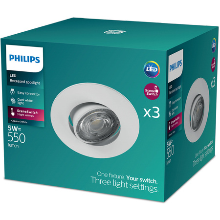 3x LED-Einbauleuchte 5W 550lm 4000lm Neutral Neutral Moving Round White Dimmbar 3-STEP SceneSwitch Cilantro Philips