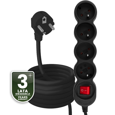 Netzverlängerungskabel Geerdete Steckdosenleiste 4 Steckdosen 5m ON/OFF Schalter Schwarz Lendo Lumiled Cord