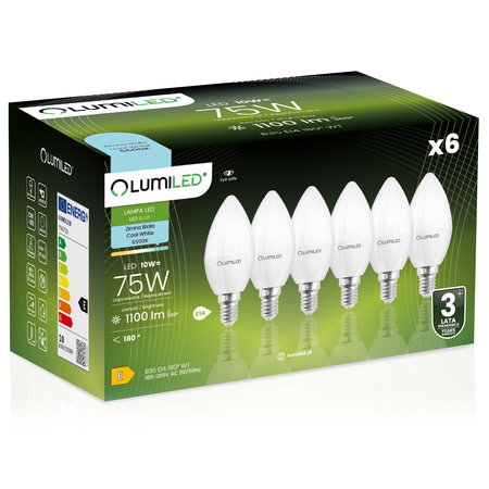 6x LED-Lampe E14 Kerze B35 10W = 75W 1100lm 6500K Kalt 180° LUMILED