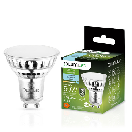 LED-Glühbirne GU10 6W = 50W 580lm 6500K Kalt 120° Glas LUMILED