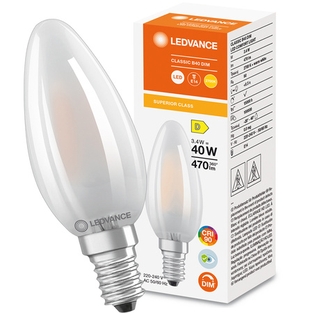 E14 B40 LED Lampen 3,4W = 40W 470lm 2700K Warm 300° DIM Filament LEDVANCE