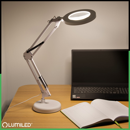 Schreibtischlampe LED 8W CCT Zeichnung Tischlampe 3x Vergrößerungsglas LUCA 2 Weiß LUMILED