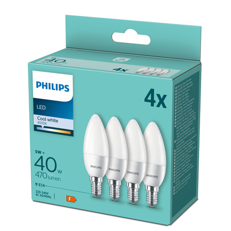 4x LED Lampen E14 B35 4.9W = 40W 470lm 4000K Neutral Milk PHILIPS