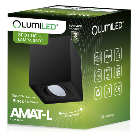 Halogen-Aufbauleuchte GU10, Aufbauspot 115mm beweglich Quadrat Tube Schwarz AMAT-L LUMILED