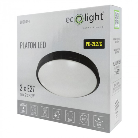 Plafond LED Deckenanbauleuchte 2x E27 Schwarz Rund Ecolight