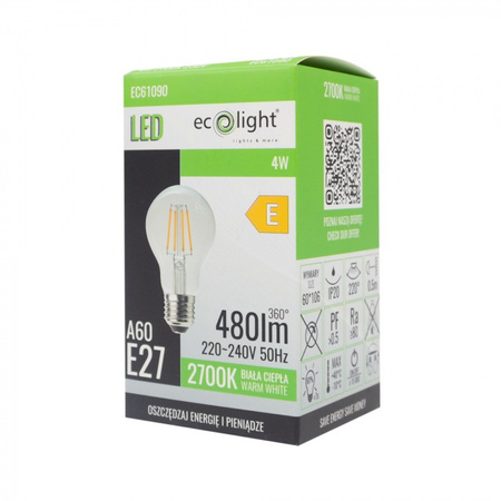 LED-Lampe A60 E27 4W 480lm 2700K Warm FILAMENT Ecolight