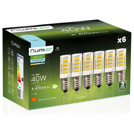 6x  LED Lampen E14, LED Kühlschranklampe T25 5W = 40W 470lm 320° 6500K kalt LUMILED