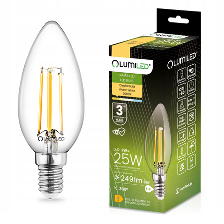 LED Lampen E14 B35 2W = 25W 249lm 3000K Warm 360° Glühfaden LUMILED