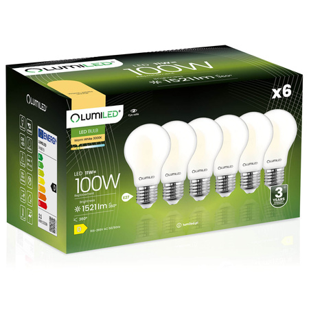 6x LED Lampen E27, Glühbirne A60, 11W = 100W, 1521lm, 360°, 3000K, warm, Milch, Glühfaden LUMILED