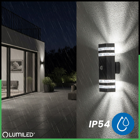 Garten Wandleuchte oben unten 2xGU10 Schwarz Bewegungs- und Dämmerungssensor IP54 PROTEA LUMILED