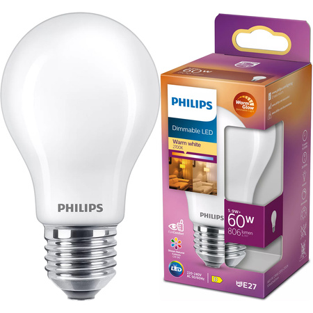 E27 A60 LED Lampen 5,9 W = 60 W, 806 lm, 2700 warmes Filament, milchig, PHILIPS, dimmbar