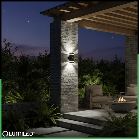 Gartenwandleuchte oben unten 2x GU10 Schwarz Bewegungs- und Dämmerungssensor HEDERA LUMILED