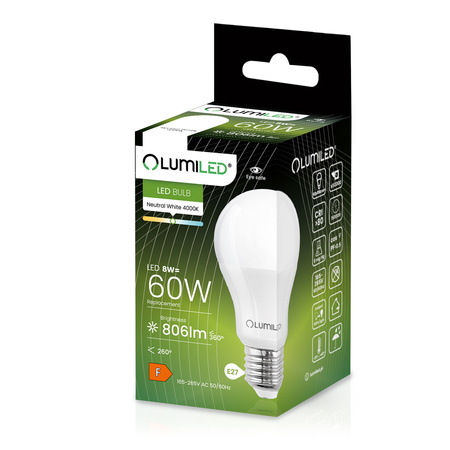 6x LED Lampen E27, Glühbirne A60 8W = 60W 806lm 260° 4000K nuetral LUMILED