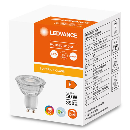GU10 LED Leuchtmittel 4,7W = 50W 350 lm 4000K Neutral 36° CRI90 Dimmbar Glas LEDVANCE Superior