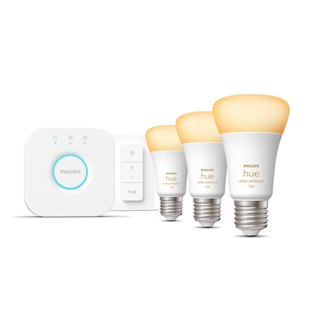 3PAK LED-Glühbirne E27 A60 8W CCT PHILIPS HUE White & Ambiance Bluetooth Zigbee + Hue Bridge + Dimmschalter