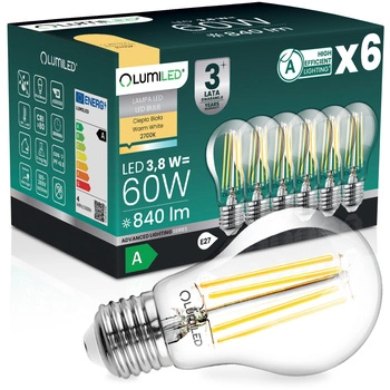 6x LED-Glühbirne E27 A60 3,8W 840lm = 60W 2700K Warm 360° Filament CLASS A LUMILED