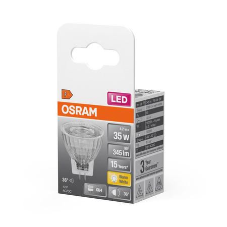 LED Leuchtmittel GU4 MR11 4,2W = 35W 345lm 2700K Warm 36° 12V OSRAM STAR