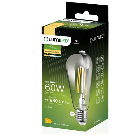 6x LED Lampen E27, Glühbirne ST64 8W = 60W 880lm 360° 3000K warm Glühfaden Edison LUMILED