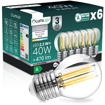 6x LED-Lampe E27 Kugel P45 2,2W 470lm = 40W 4000K neutralweiß 360° Filament Energieklasse A LUMILED