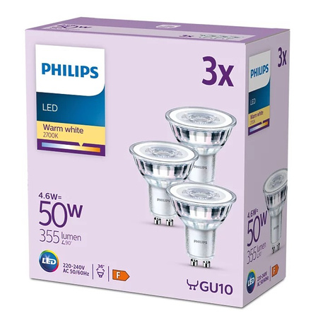 Set mit 3x LED-Halogenlampen GU10 PAR16 4,6W = 50W 355lm 2700K Warm 36° PHILIPS