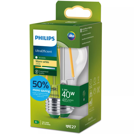 E27 A60 LED Lampen 2,3 W = 40 W, 485 lm, 2700 K, warmes Filament PHILIPS, ultraeffizient