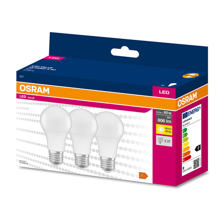 3PAK LED-Lampe A60 E27 8.5W = 60W 806lm 2700K Warm OSRAM Value