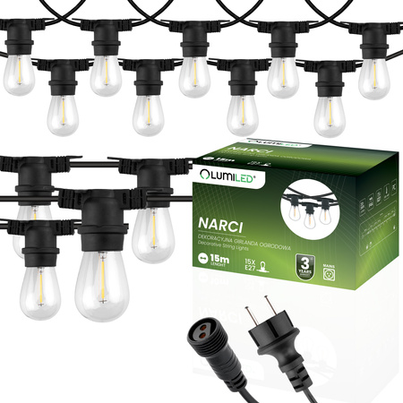 Garten Girlande Outdoor-Lichterkette 15m 15x E27 Glühbirnen 1W 2700K NARCI Lumiled