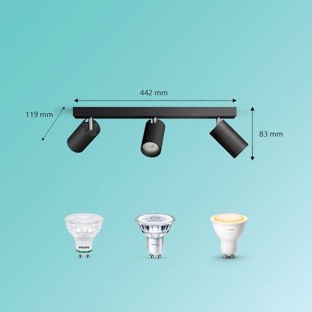 Reflektor-Deckenleuchte 3x GU10 IP44 Schwarz Kosipo Philips